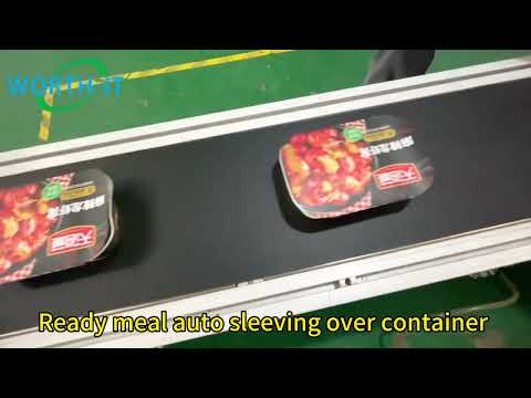 Ready meal auto sleeving over container