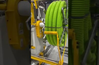 Machine for coiling hoses and strapping automatically.