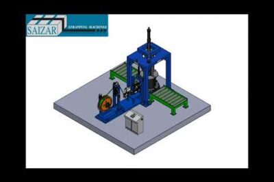 Strapping machine for wire coils that works automatically.