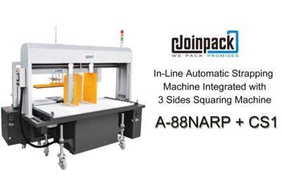 Automated strapping and squaring machine for packaging purposes.