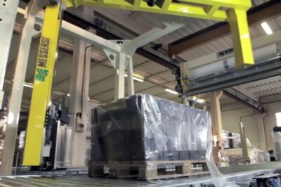 Battery Pallet Wrapping and Strapping System.