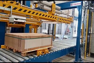 Ceramic strapping machine with horizontal compression.