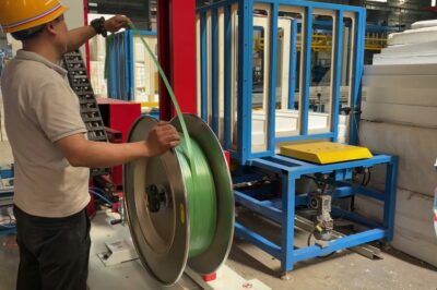 Threading PP strip on large strapping machine.