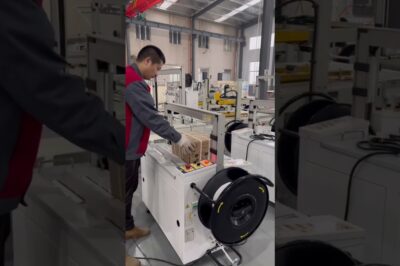Box strapping machine for PP carton cases and plastic boxes.