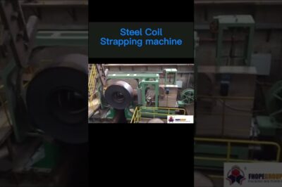 Steel coil strapping and packing machine for hot rolls.