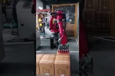 Carton case strapping and palletizing machine with robotic technology.