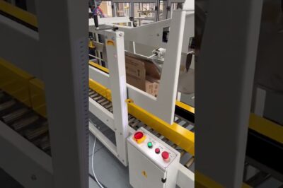 Carton sealing machine with flaps overlap and PP strapping, combined with a case sealer and strapper for carton boxes.