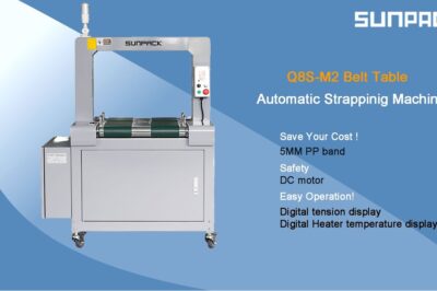 Automatic strapping machine with belt table, model Q8S-M2 – compact and efficient for various strapping applications.