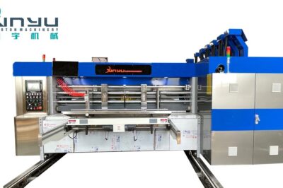 Feeder, printer, cutter, folder, and stitching machine for 3-color printing, die cutting, and gluing on the bottom.