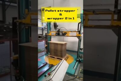 Pallet strapping and wrapping machine combo for PET straps and stretch film.