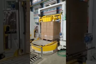 Pallet strapper with turntable and top sealing part – 4 strap PP strapping machine under 28 words.