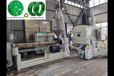 Machine for producing PET packing belts and plastic PET straps.
