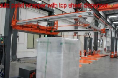Pallet Wrapper with Top Sheet Dispenser: Automated solution for packaging pallets efficiently.
