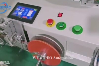 Automatic wire measuring and cutting machine for coil bundling and tying.
