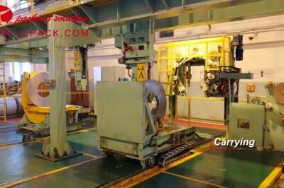 CE certified steel coil wrapping line with stacking and unloading systems.