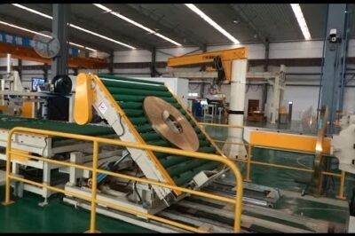 Coil packaging and strip slitting system for steel materials.