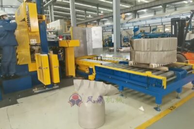 Coil upender for packing line with 90-degree rotation.