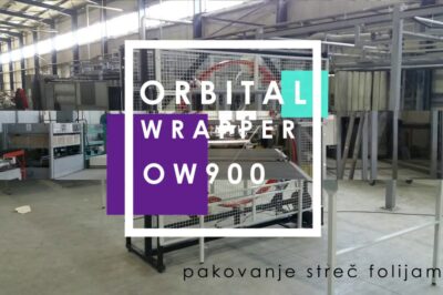 Compact horizontal stretch wrapping machine for orbital packaging.