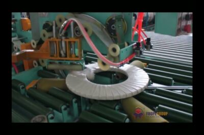Compact machine for handling and wrapping coiled products.