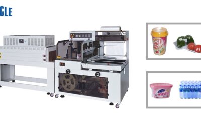 Compact orbital heat shrink wrapping machine with L-bar sealer.