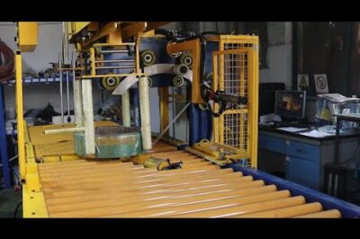 Compact packaging machine for coiled rolls.