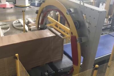 Compact stretch wrapper for wooden box pallets with 2000mm ring diameter.