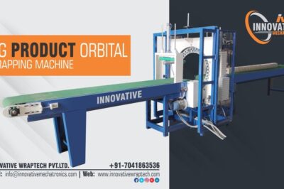 Compact stretch wrapping machine for doors and profiles.