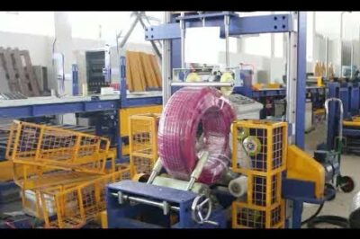Flexible garden pipe wrapping machine for PVC and HDPE coils.