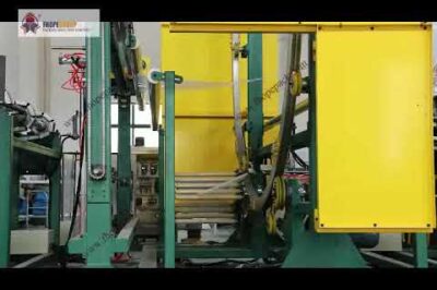 Horizontal stretch wrapping machine with film covering for large objects.