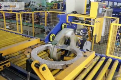 Machine for packing steel coils and machine for tapping.