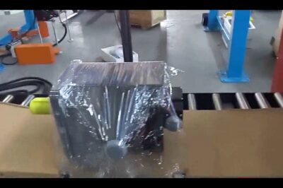 Motorized tray wrapper with horizontal stretching, under 12 words, excluding symbols, brands, and company names.