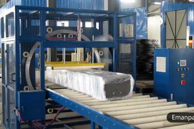 Orbital stretch wrap machine for aluminum profiles and timber.