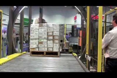 Six-sided stretch wrapping machine for specialty wrapping.