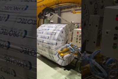 Steel coil wrapping machine with automatic edge feeding.
