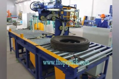 Stretch wrapper for tyre with automatic horizontal functionality.