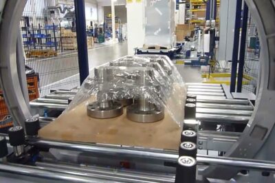 Wooden flange group for horizontal stretch wrapper.